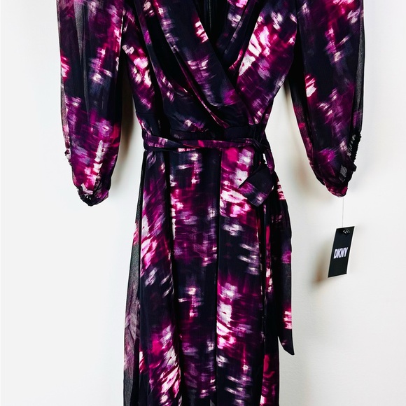 NWT DKNY Black Floral Wrap Mock Wrap Midi Dress Size 6 Sheer Long Sleeve - Picture 11 of 12
